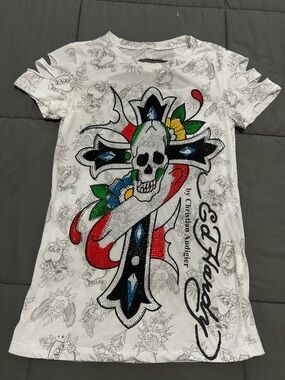Women’s Y2K Ed Hardy White Skull Cross Graphic Tee. Sz Small